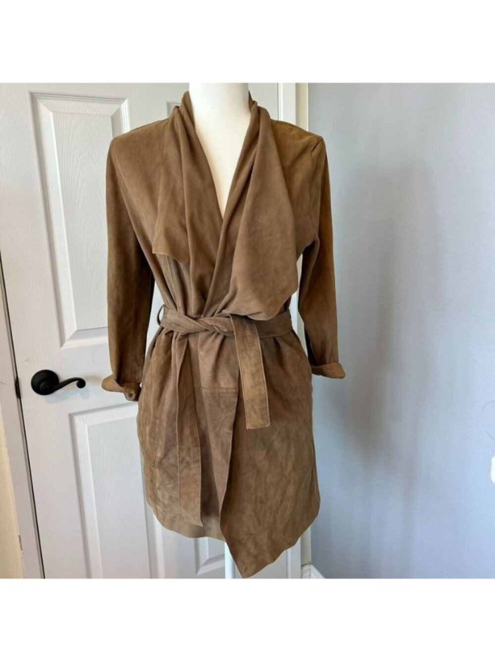 Tan Cognac Brown Suede Leather Belted Waist Jacket Size Small